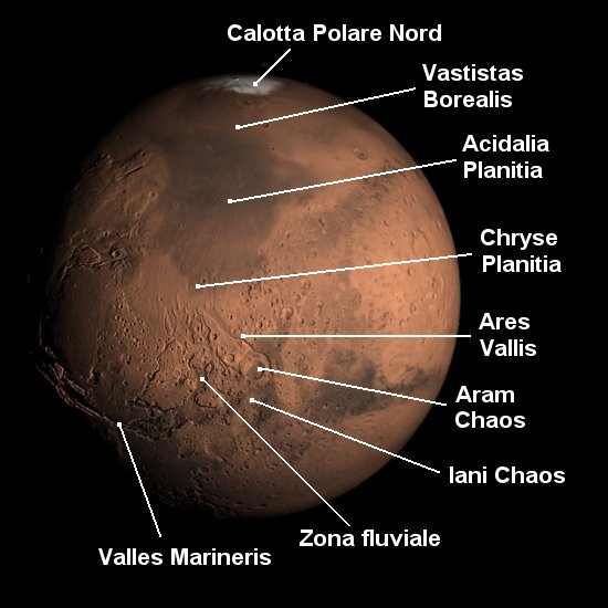 [Foto: Fotomosaico globale di Marte: Aram Chaos, Iani Chaos, Ares Vallis, Valles Marineris]