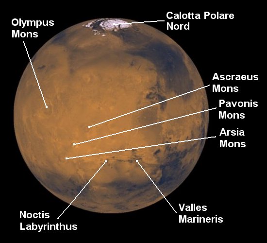 [Foto: Fotomosaico globale di Marte: Valles Marineris, monti Tharsis, calotta polare Nord]