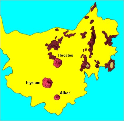 [Foto: Continente Elysium con i tre vulcani: Hecates, Elysium e Albor]