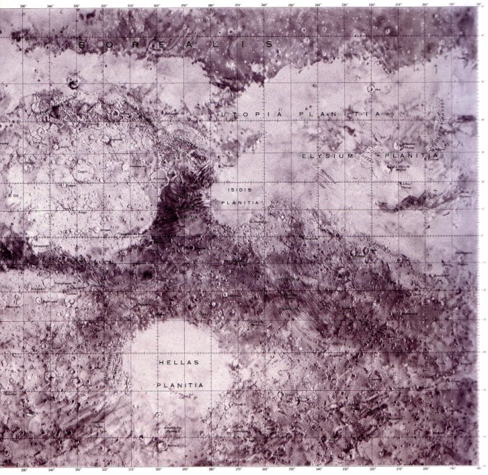 [Foto: Mappa topografica satellitare di Marte (emisfero orientale) Mariner 9, Viking 1 e 2]